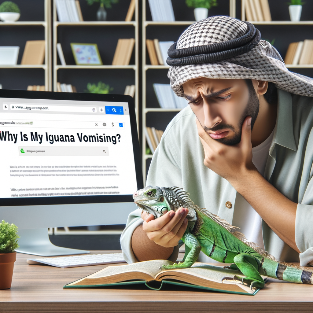 Pet owner researching 'Why is my Iguana Vomiting' on computer and Iguana Care Guide book, indicating Iguana Vomiting Problems, Iguana Health Issues and Iguana Digestive Issues.
