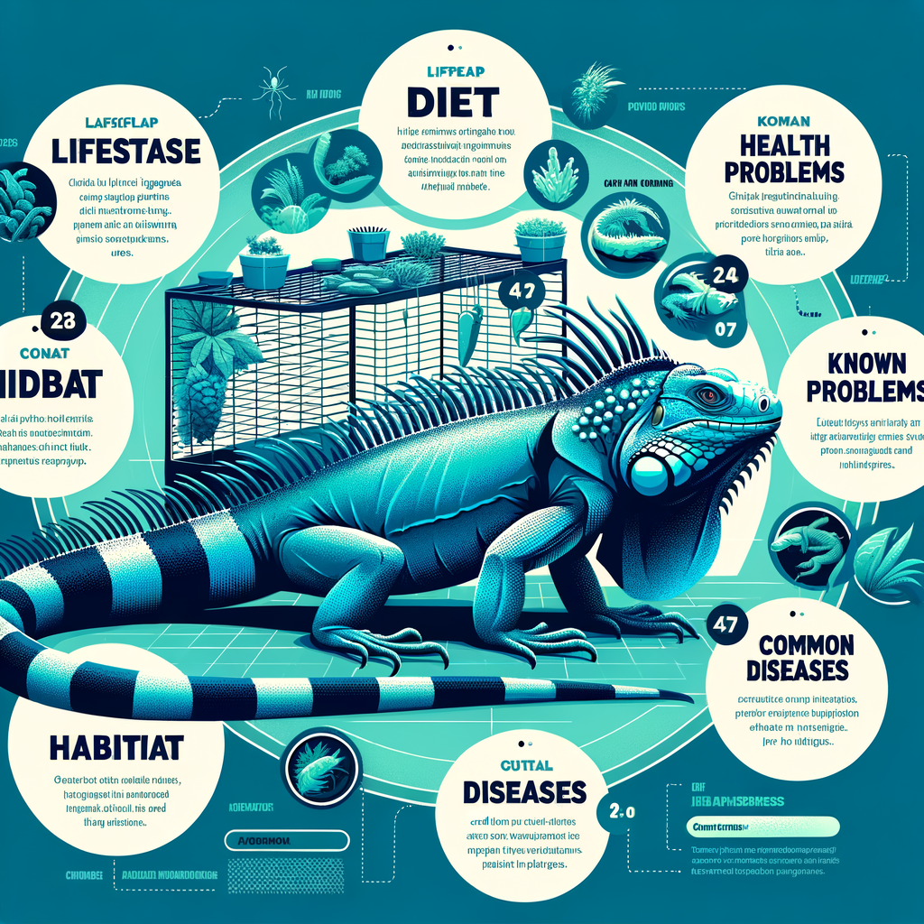 Comprehensive Blue Iguana care infographic detailing Blue Iguana lifespan, diet, habitat, and health issues for Blue Iguana owners, including prevention of common diseases.