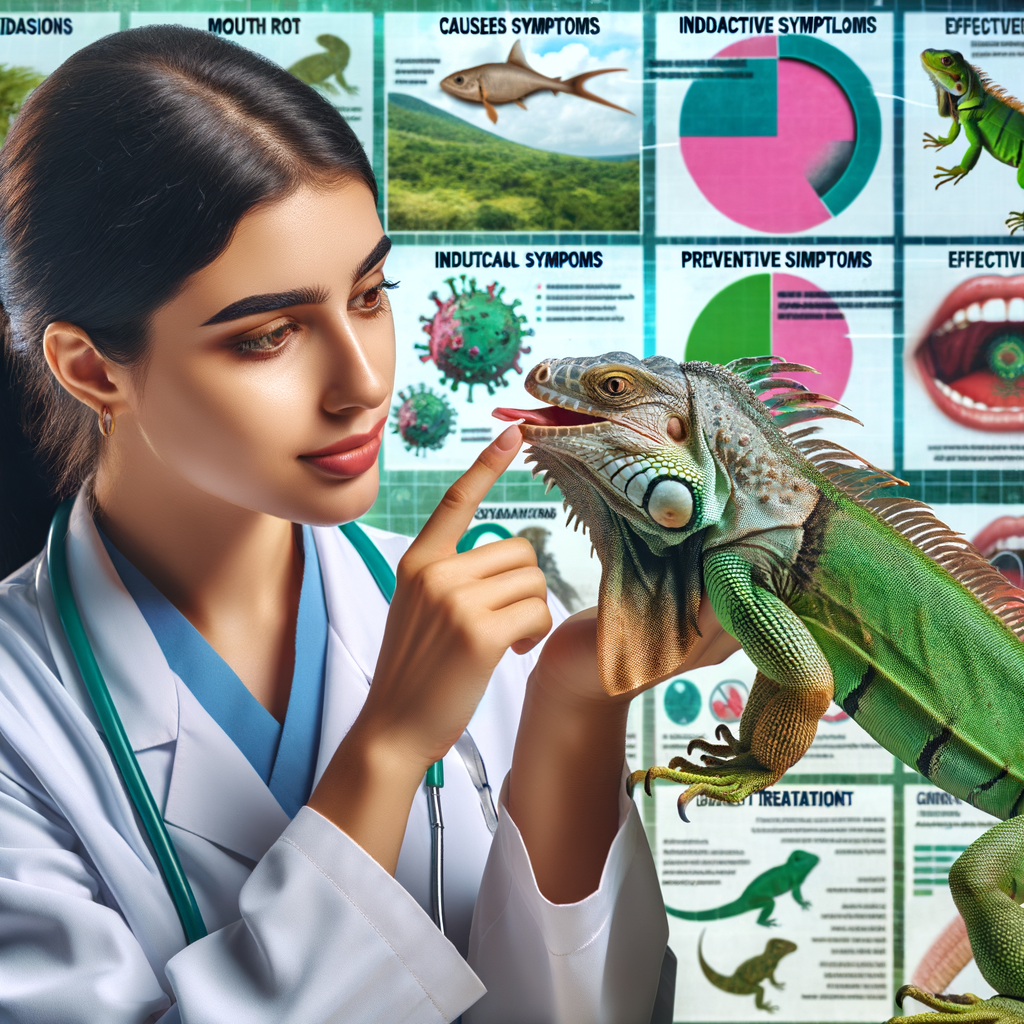 Veterinarian examining iguana mouth rot, identifying oral health issues, and providing iguana oral health care with infographics on causes, symptoms, prevention, and treatment of mouth rot in iguanas.